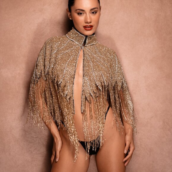 Gold Sequin  Fringe Cape, Rhinestone Shawl, Luxury Beaded Cape, Festival Outfit - Picture 8 of 11